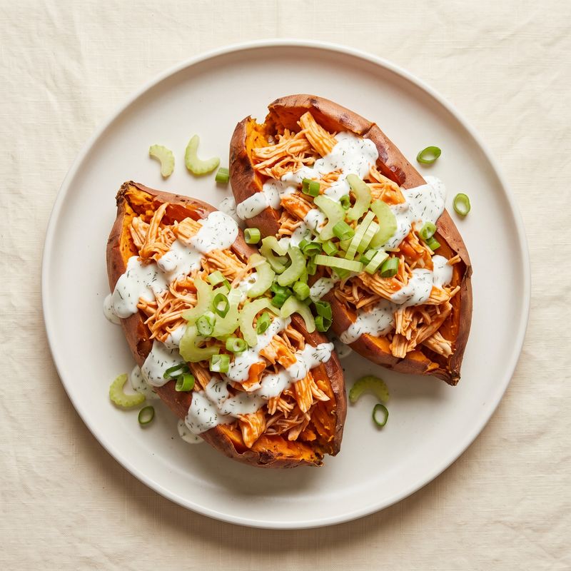 Buffalo Chicken Stuffed Sweet Potatoes