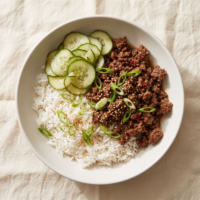 Korean-Style Ground Beef Bowls with Quick-Pickled Cucumber