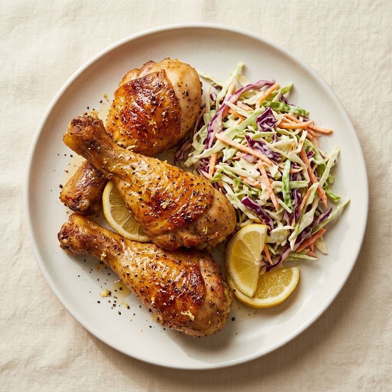 Crispy Lemon Pepper Drumsticks with Coleslaw