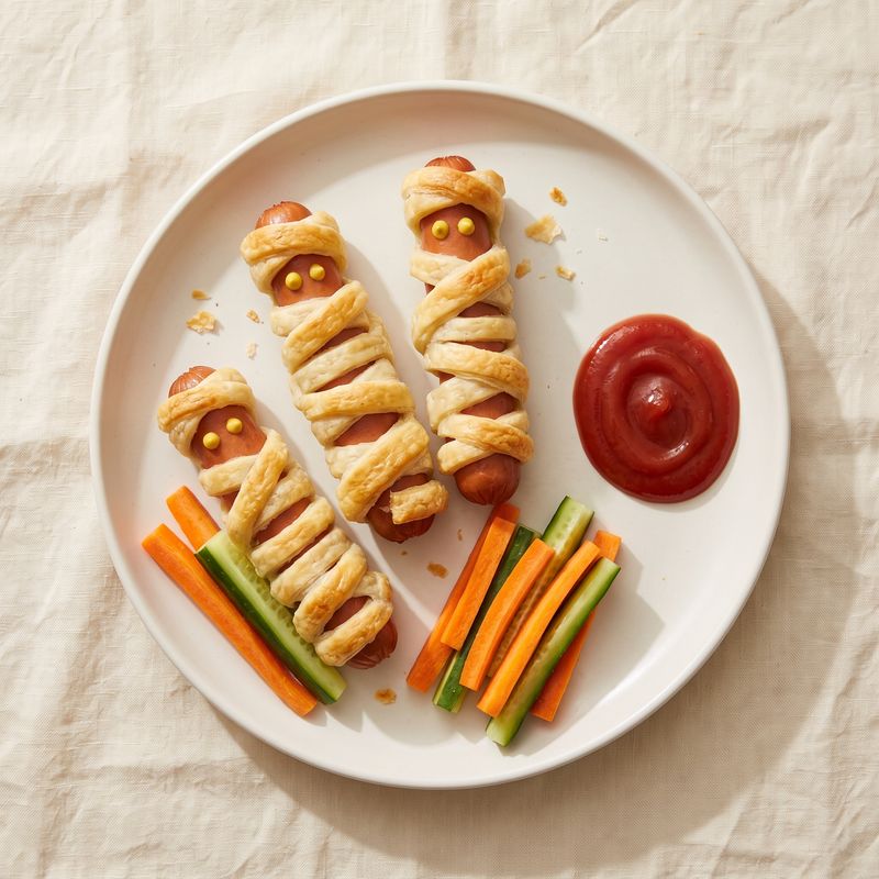 Halloween Mummy Hot Dogs with Veggie Sticks