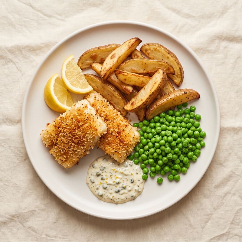 Oven Fish & Chips with Peas & Tartar Sauce