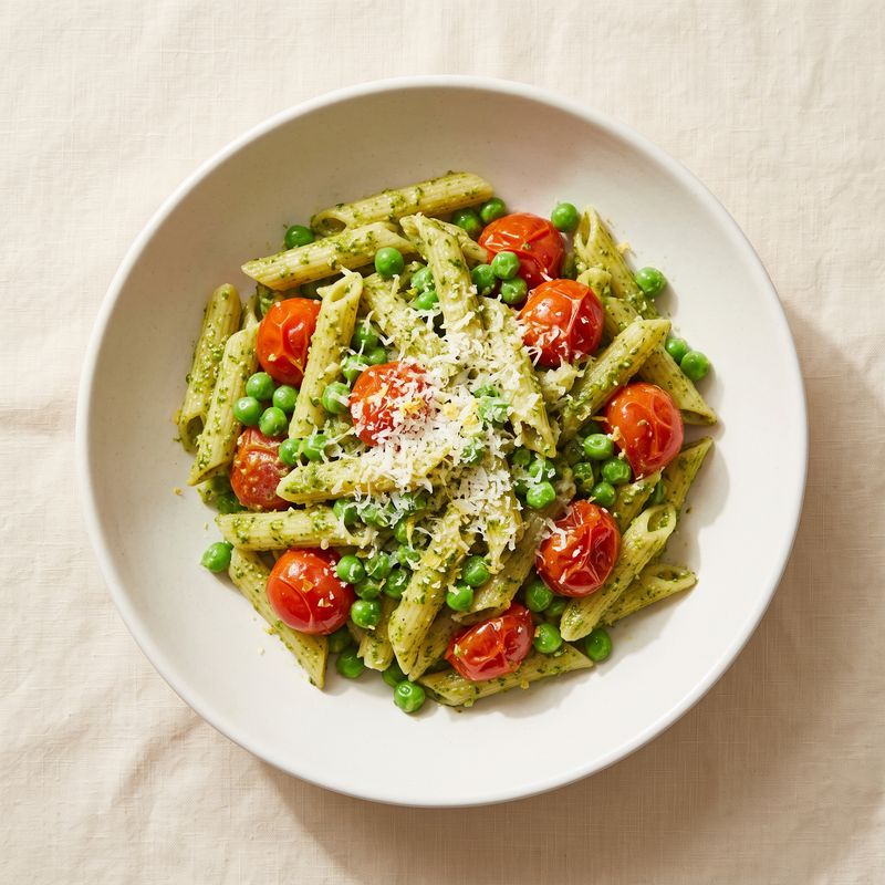 Pesto Pasta with Peas & Cherry Tomatoes