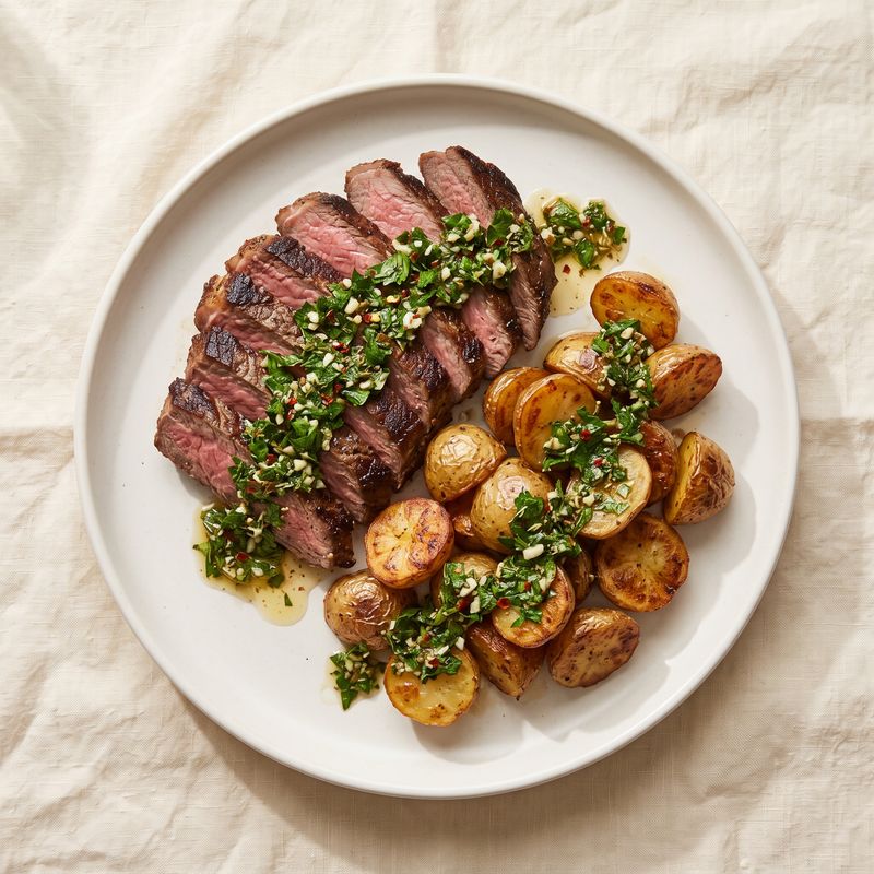 Pan-Seared Steak with Crispy Potatoes & Chimichurri